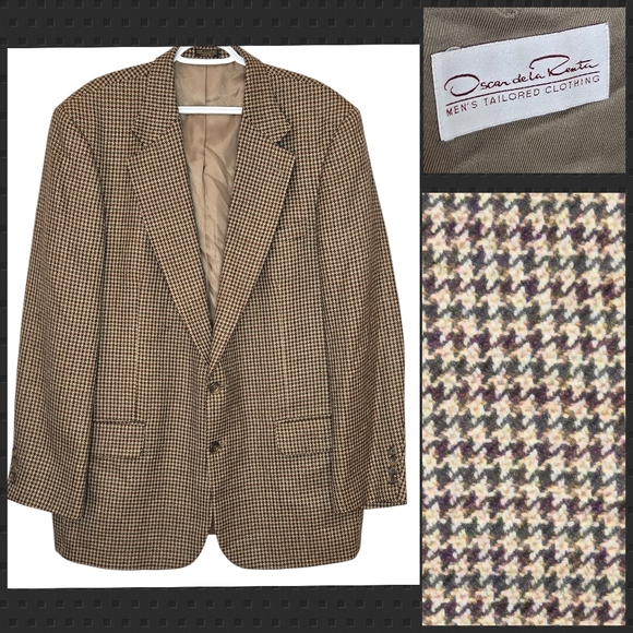 VTG Oscar de La‎ Renta Blazer 44L Brown Green Houndstooth Check 100% Wool Jacket